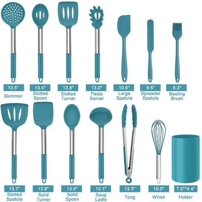 Bom preço. 14 peças utensílios de cozinha de silicone conjunto com alça de aço inoxidável utensílios de cozinha conjunto para utensílios de cozinha não pegajoso on-line