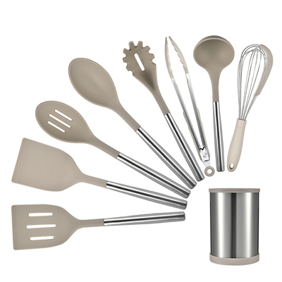 9pcs utensílios de cozinha de silicone conjunto de utensílios de cozinha não pegajoso com alça de aço inoxidável torneira Tong, espátula, escova de colher