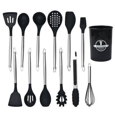 Bom preço. Conjunto de utensílios de cozinha de silicone com suporte Conjunto de utensílios de cozinha de silicone para utensílios de cozinha não adesivos Conjunto de utensílios de cozinha on-line