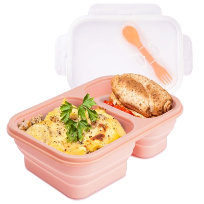 Bom preço. 2 compartimentos recipientes de almoço dobráveis com tampa caixa de almoço com utensílios Bento de silicone dobrável para adultos livre de BPA on-line