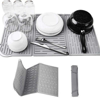 Bom preço. Tapete de secagem de pratos de silicone dobrável triplo para balcão de cozinha extra grande tapete de drenagem de pratos Compacto & Design dobrável on-line