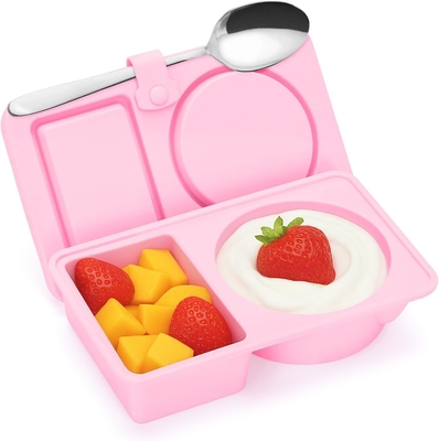 Recipientes de lanches reutilizáveis de silicone com tampa, 3 pacotes de caixa de lanches duplo / 2 compartimentos para molho de salada, recipientes de temperos com tampa para controle de porções, viagens, piquenique