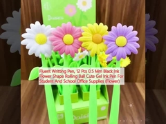Caneta de escrita fluente, 12 pcs 0,5 mm tinta preta em forma de flor bola rolante caneta de tinta gel fofinha para alunos e escolas
